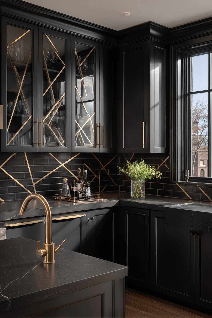 Dramatic Black Subway Tile Backsplash with Gold Grout