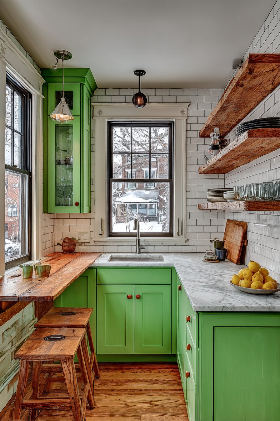 Mint Green Compact Kitchen with Reclaimed Wood Character