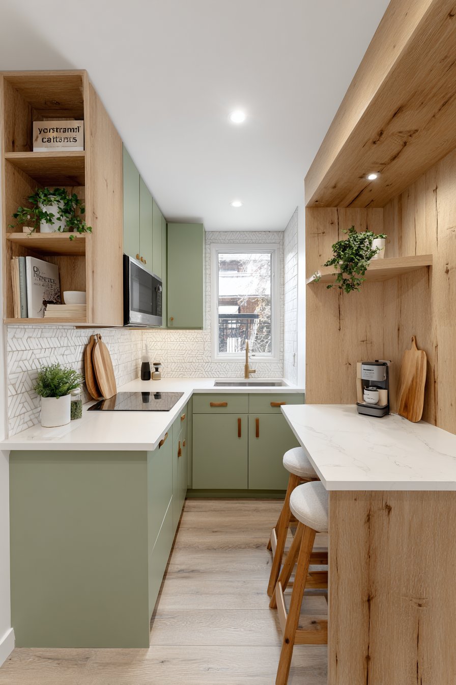 Mint Green Compact Kitchen with Reclaimed Wood Character