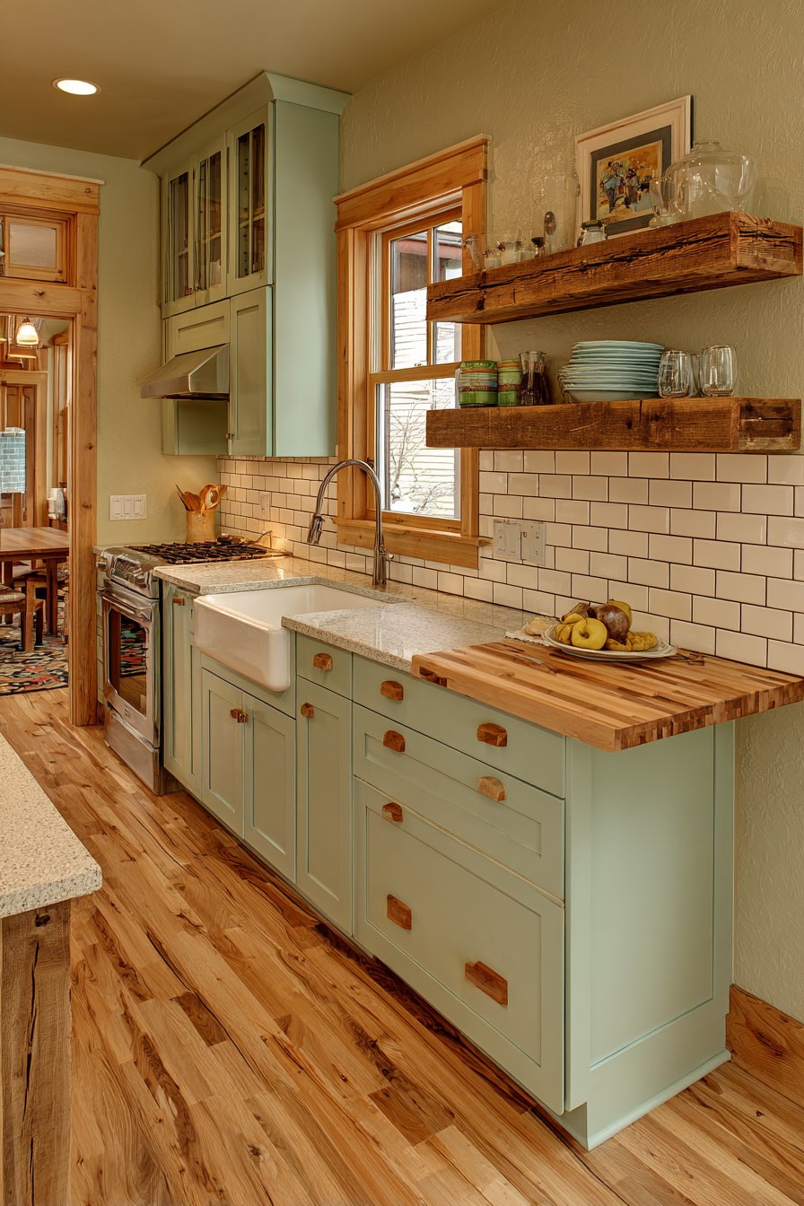 Mint Green Compact Kitchen with Reclaimed Wood Character