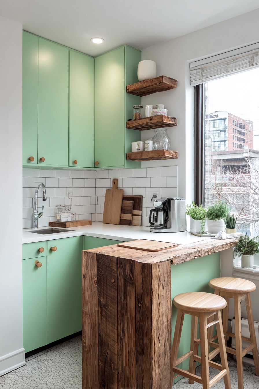 Mint Green Compact Kitchen with Reclaimed Wood Character