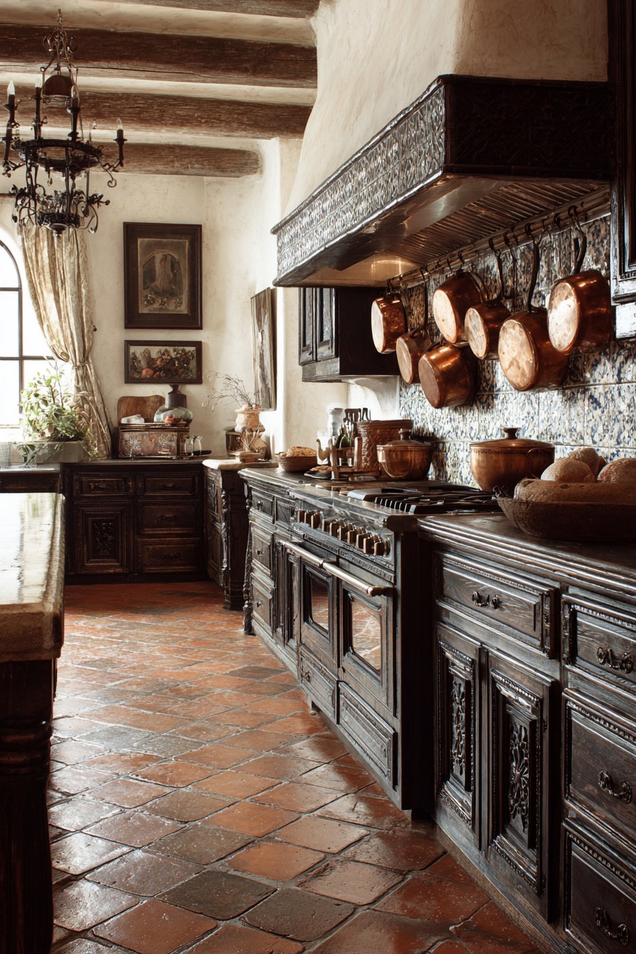 Dramatic Tiled Range Hood with Dark Wood Contrast