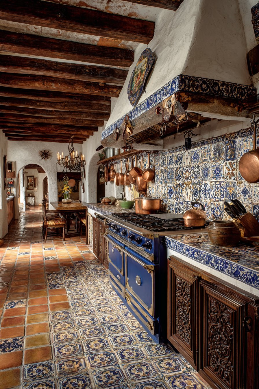Dramatic Tiled Range Hood with Dark Wood Contrast