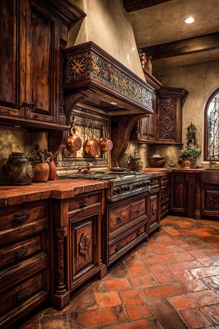 Dramatic Tiled Range Hood with Dark Wood Contrast