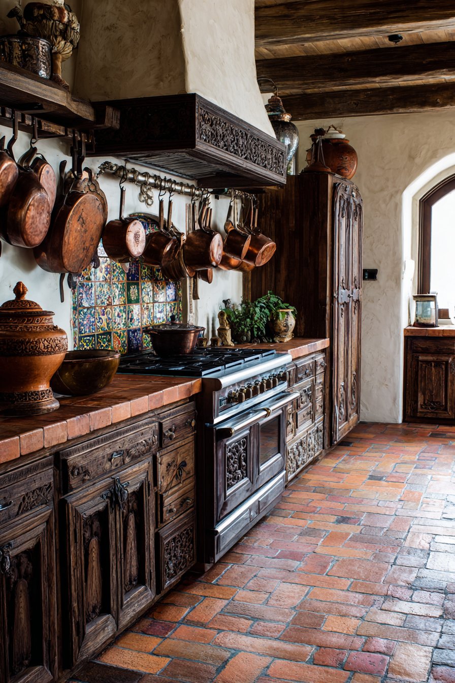 Dramatic Tiled Range Hood with Dark Wood Contrast