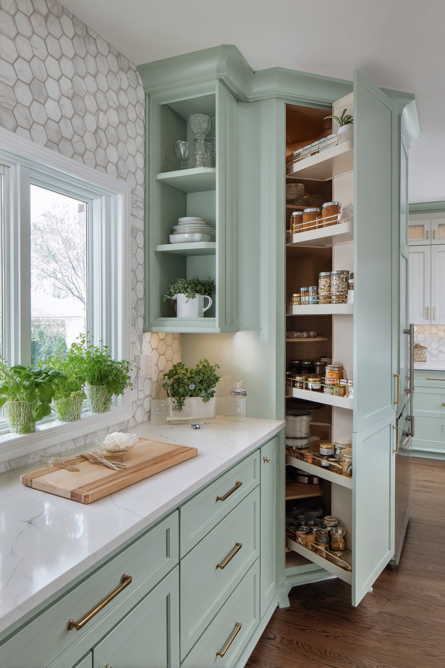 Floor-to-Ceiling Mint Green Storage Solutions