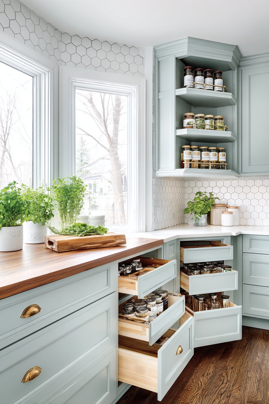 Floor-to-Ceiling Mint Green Storage Solutions