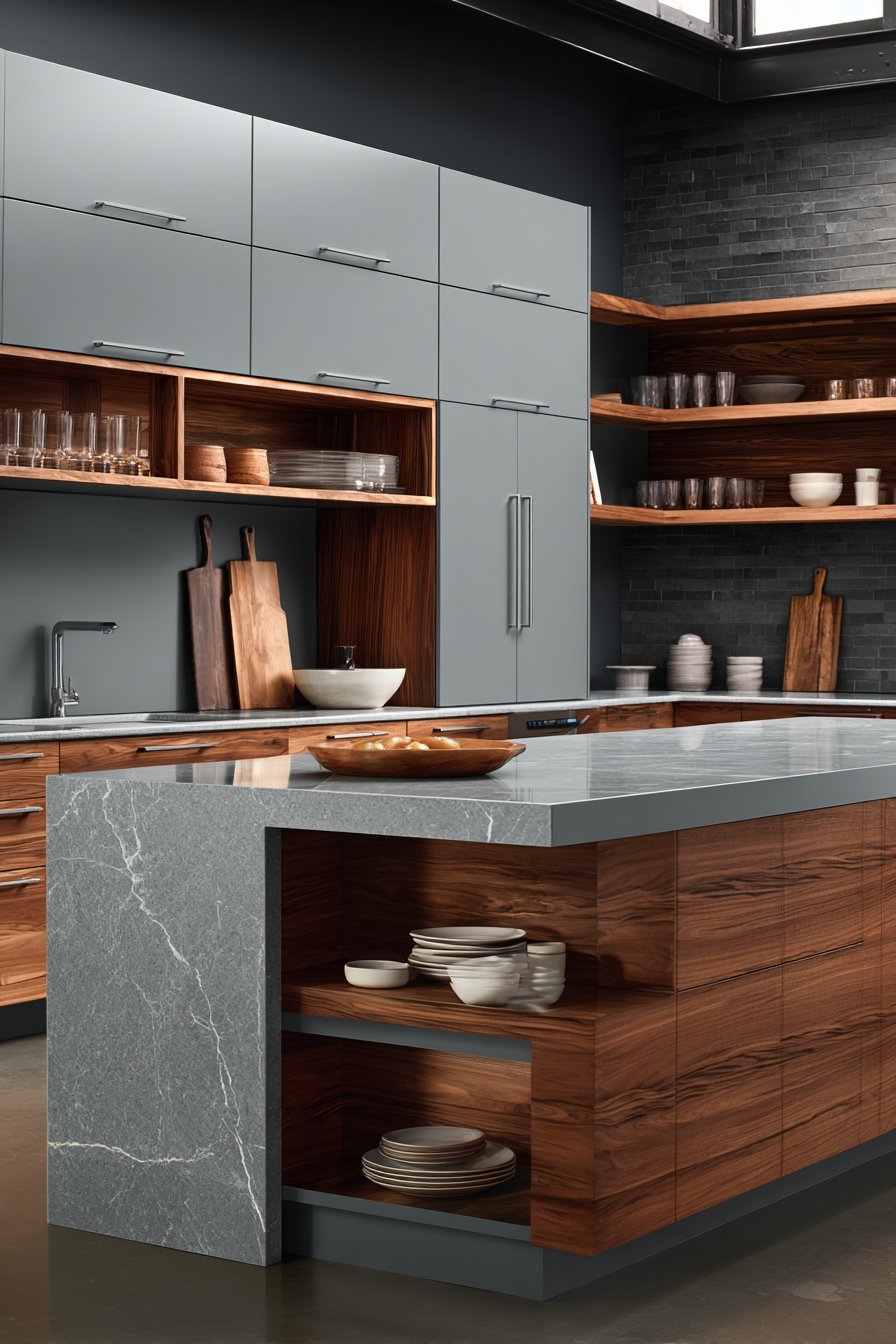 Dramatic Two-Tone Grey Kitchen with Open Shelving