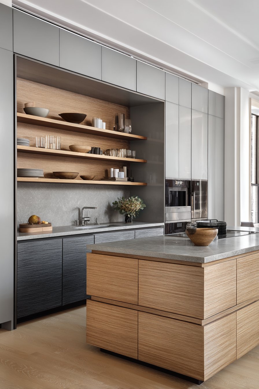 Dramatic Two-Tone Grey Kitchen with Open Shelving