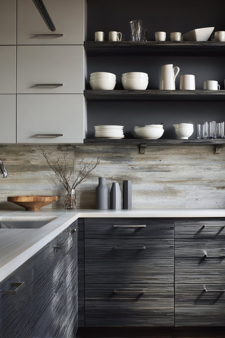 Dramatic Two-Tone Grey Kitchen with Open Shelving