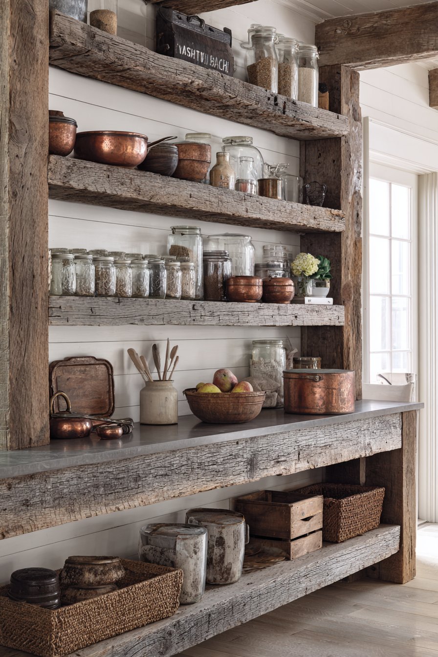 Farmhouse Charm with Rustic Reclaimed Wood Shelves
