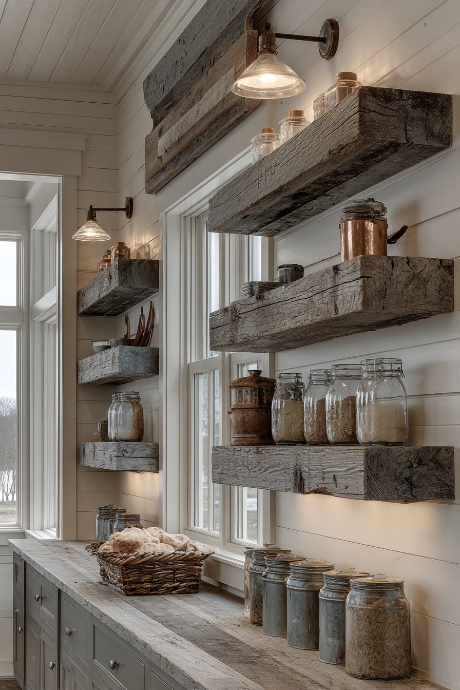 Farmhouse Charm with Rustic Reclaimed Wood Shelves