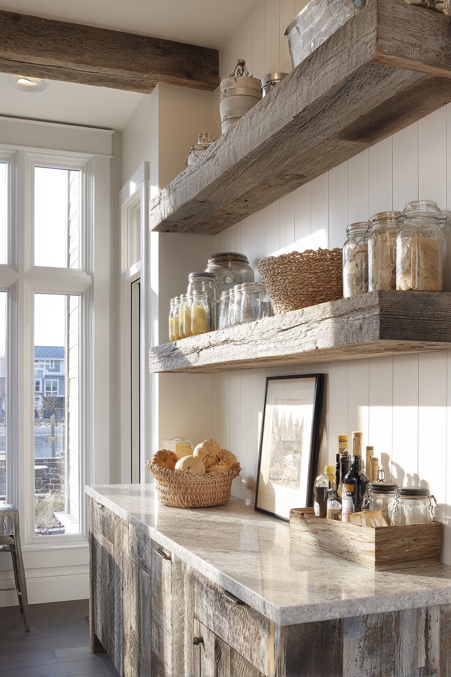 Farmhouse Charm with Rustic Reclaimed Wood Shelves