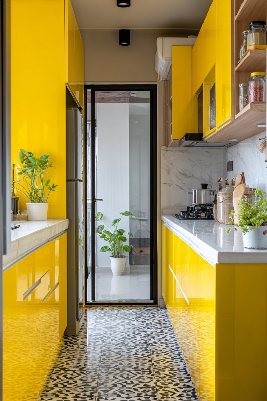 Compact Galley Kitchen with Marigold Yellow Cabinets