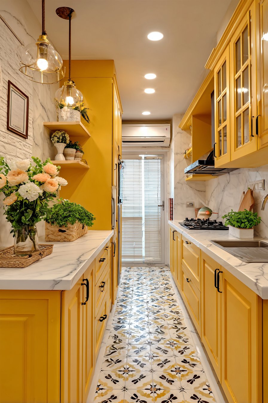 Compact Galley Kitchen with Marigold Yellow Cabinets