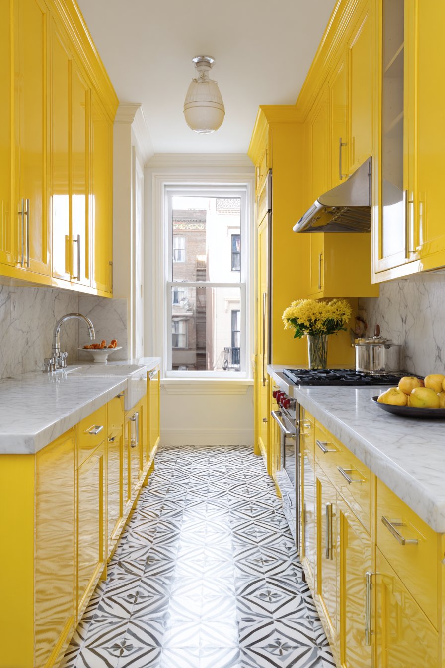 Compact Galley Kitchen with Marigold Yellow Cabinets