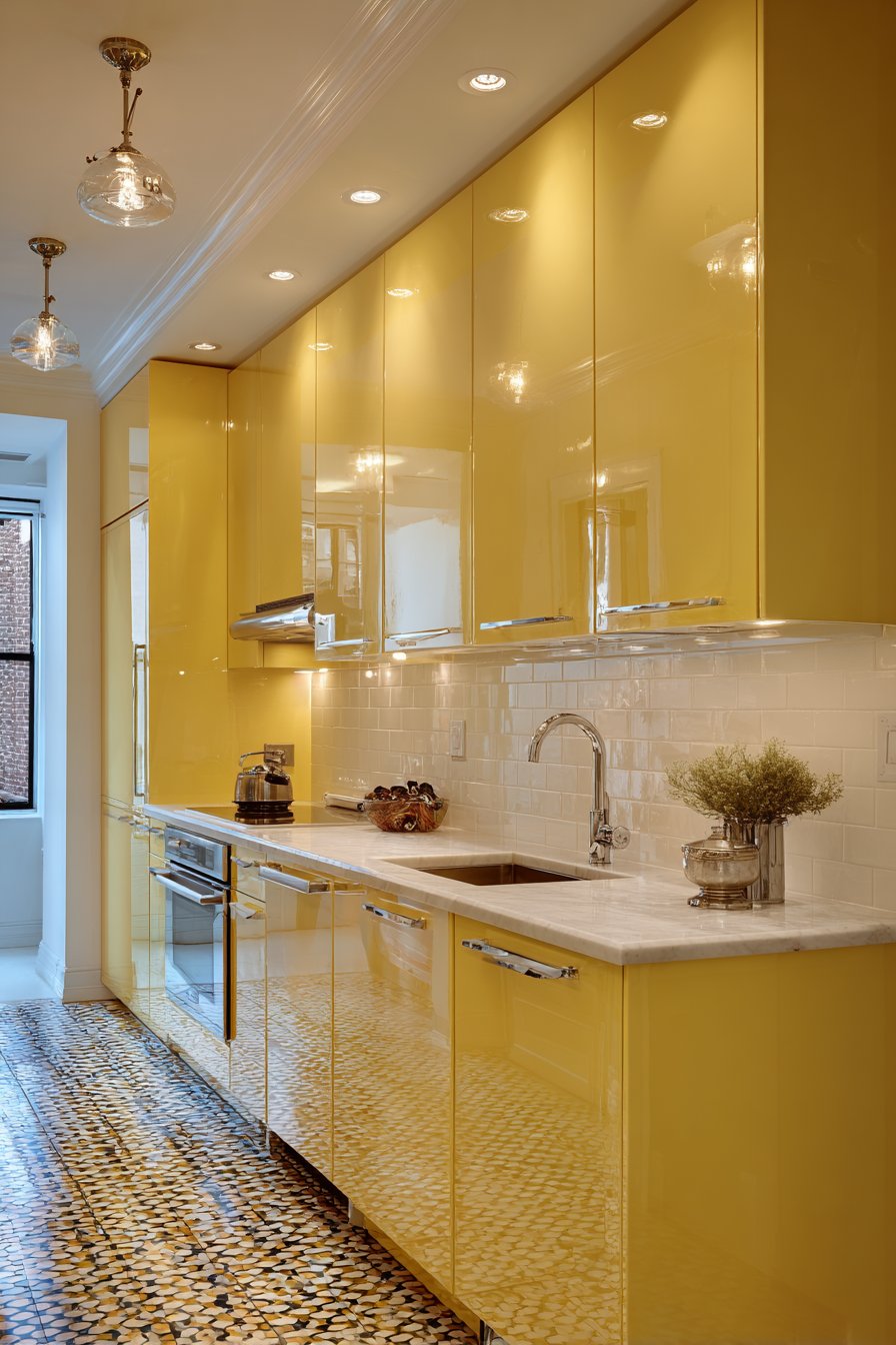 Compact Galley Kitchen with Marigold Yellow Cabinets