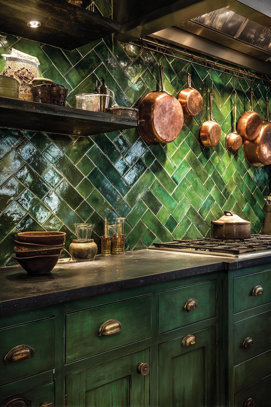 Forest Green Herringbone with Copper Accents