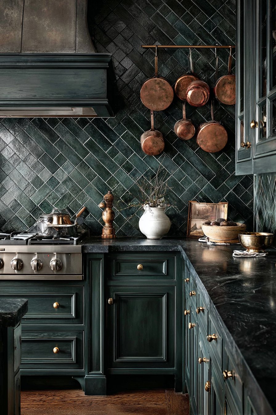 Forest Green Herringbone with Copper Accents