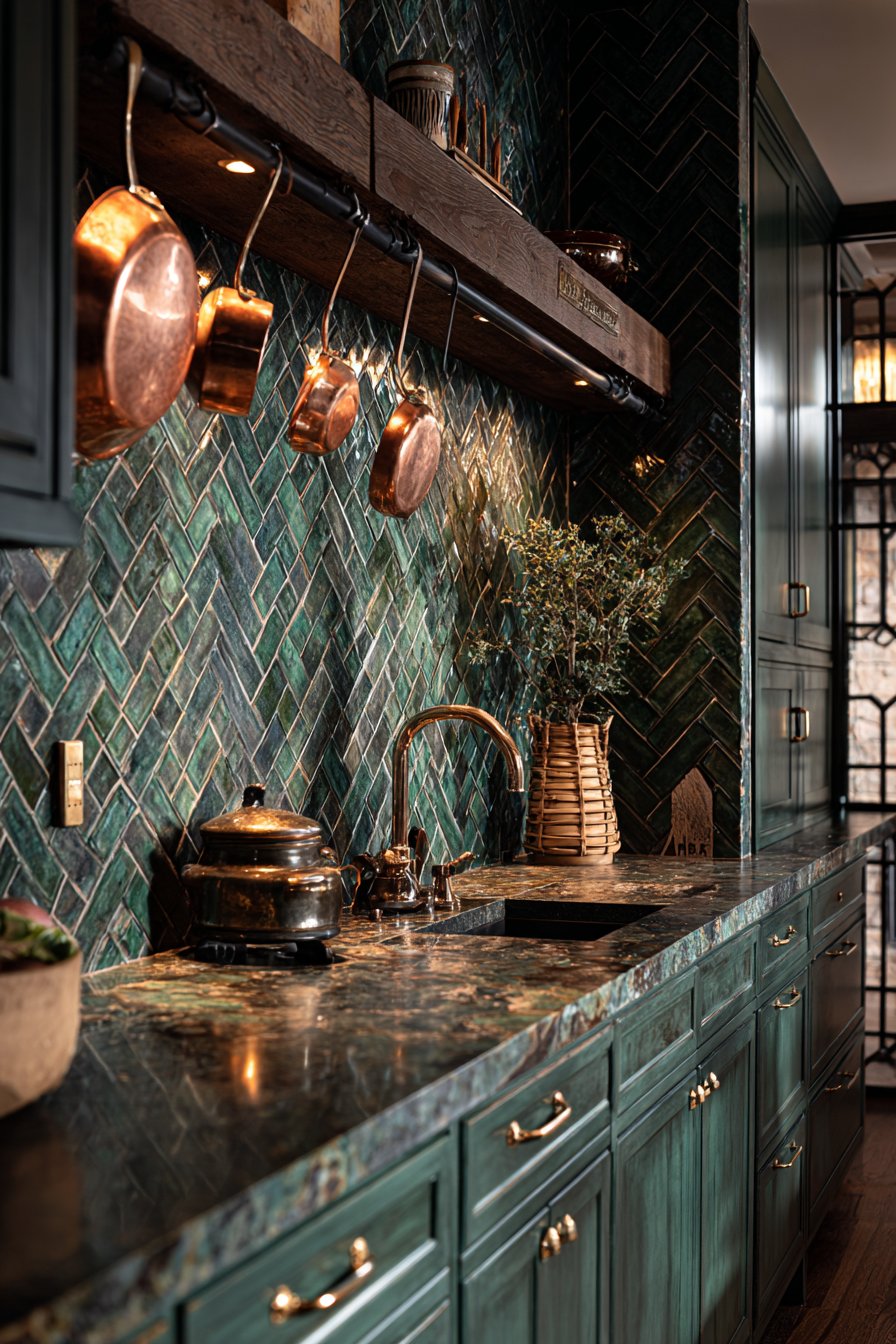 Forest Green Herringbone with Copper Accents