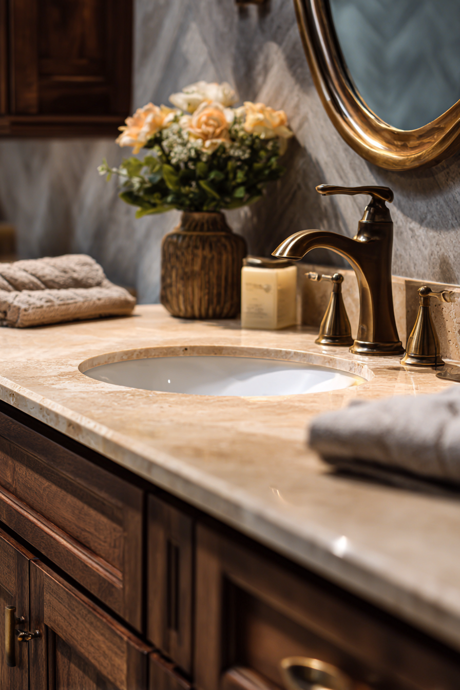 Walnut Vanity Elegance with Travertine Sophistication