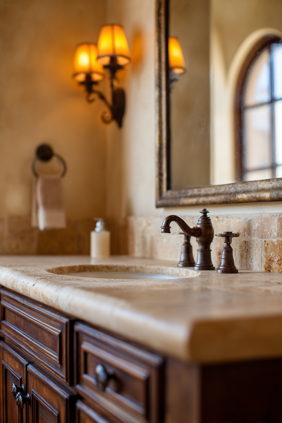 Walnut Vanity Elegance with Travertine Sophistication