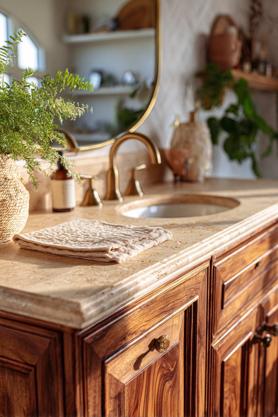 Walnut Vanity Elegance with Travertine Sophistication