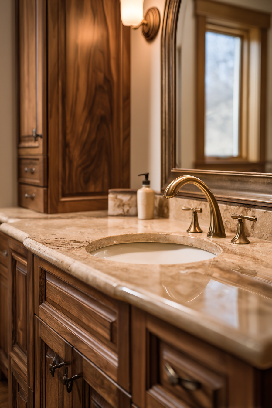 Walnut Vanity Elegance with Travertine Sophistication