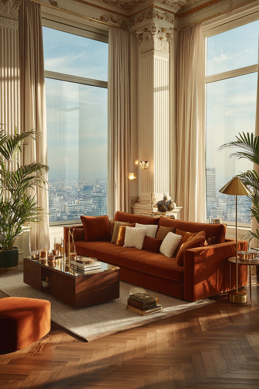 Sunlit Elegance with Rich Wood and Velvet