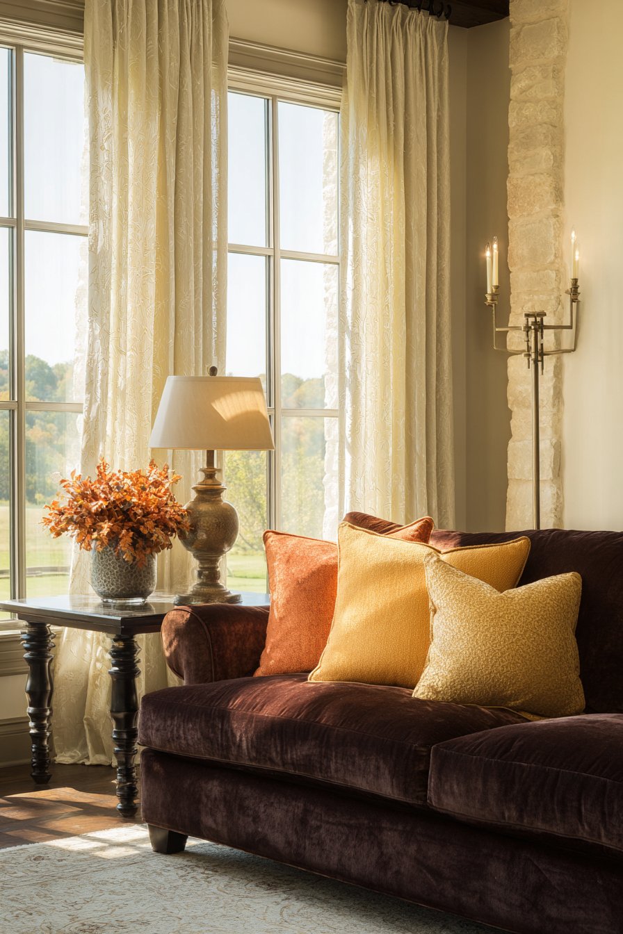 Sunlit Elegance with Rich Wood and Velvet