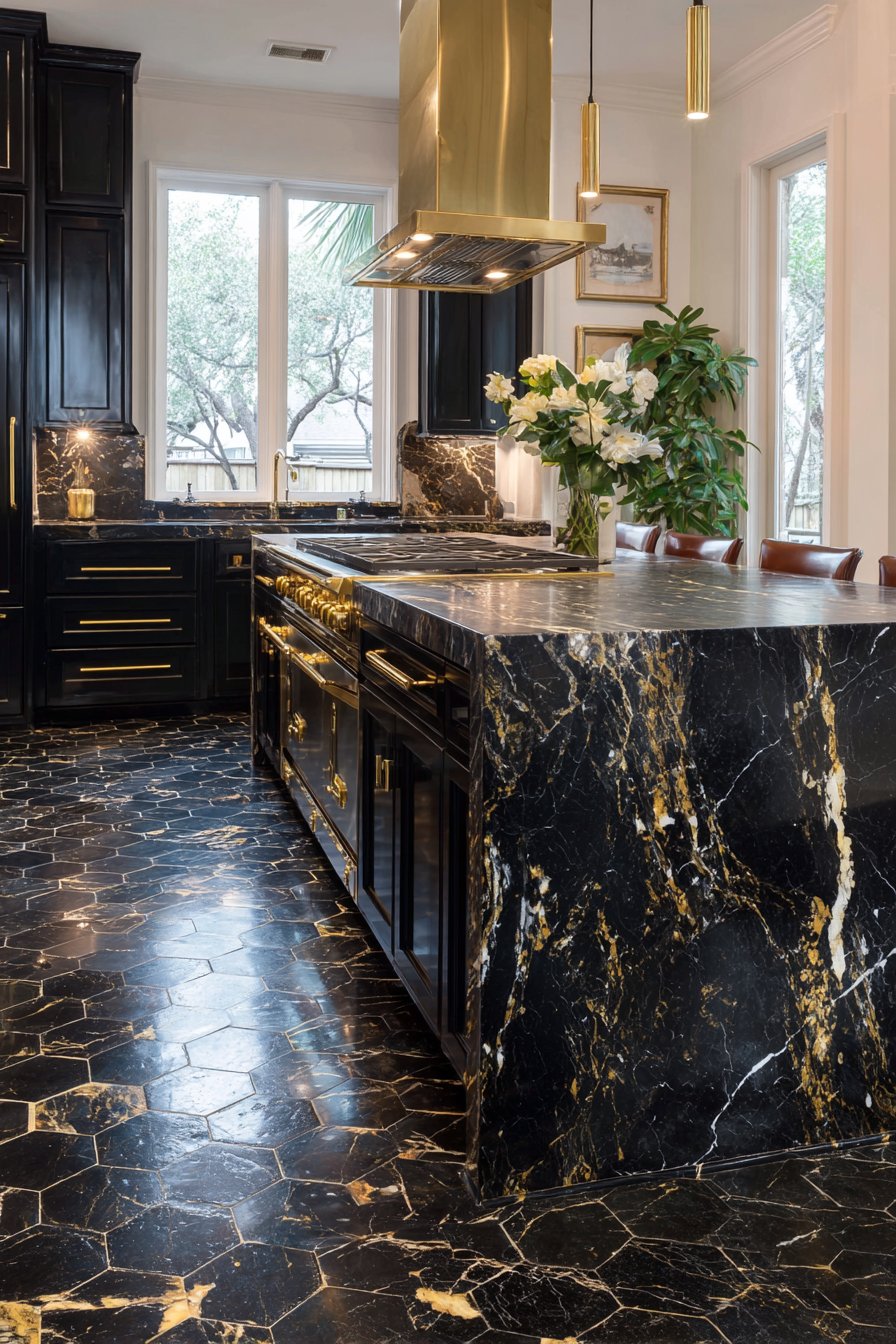 Luxurious Waterfall-Edge Black Marble Island