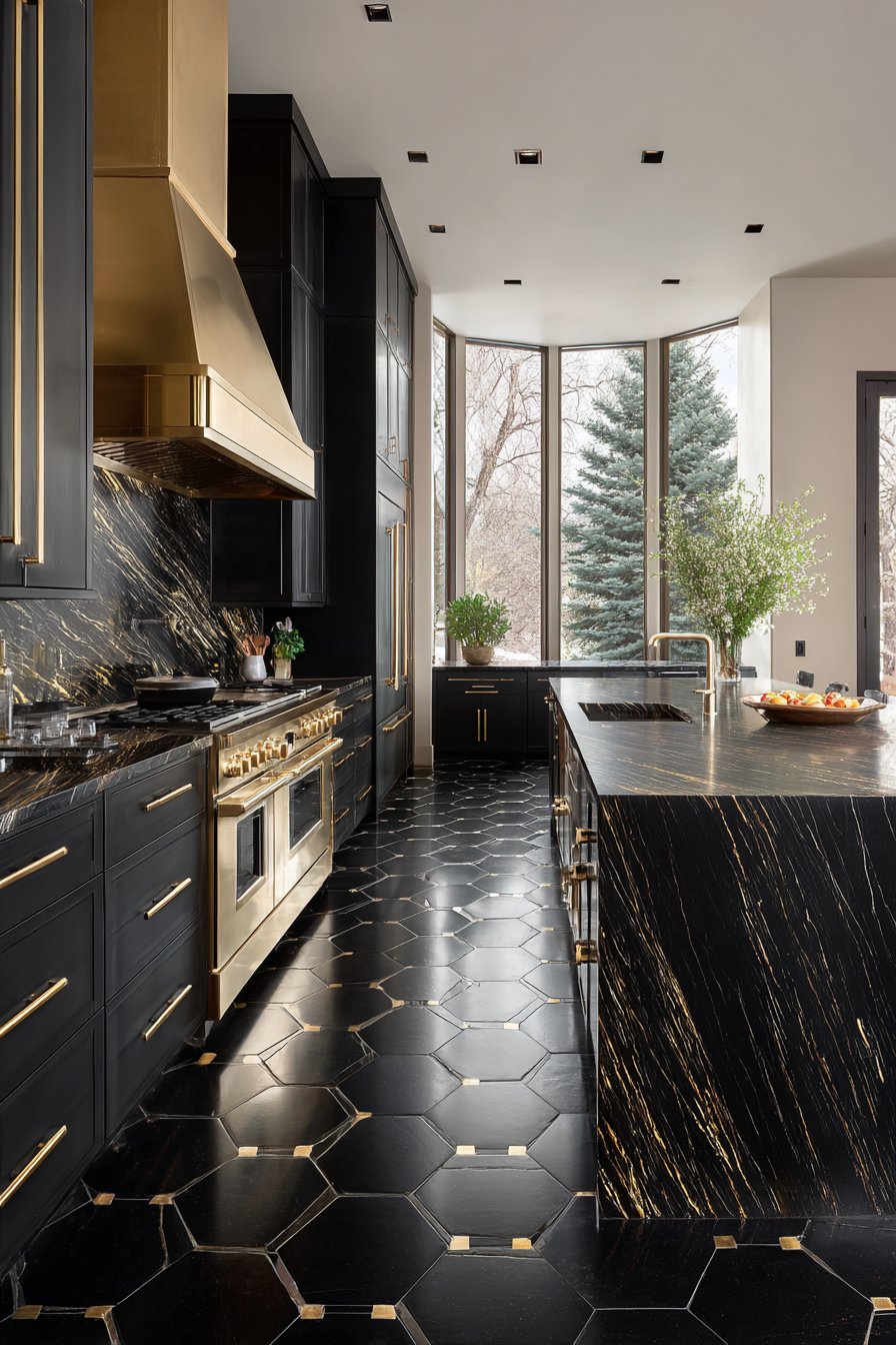 Luxurious Waterfall-Edge Black Marble Island