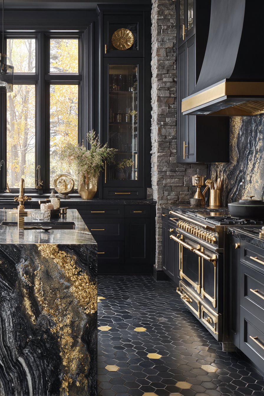 Luxurious Waterfall-Edge Black Marble Island