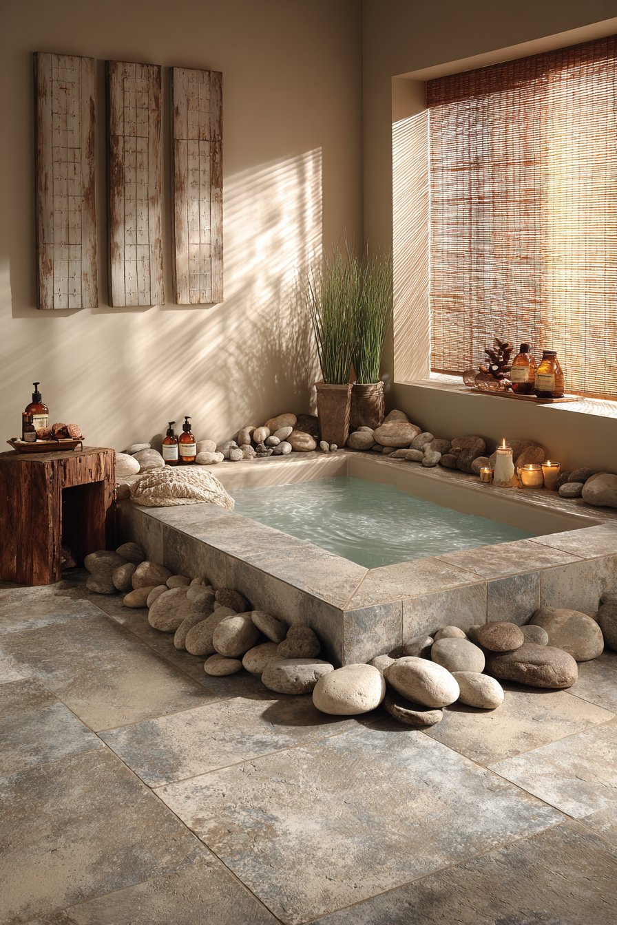 Concrete-Look Porcelain with River Stone Accents