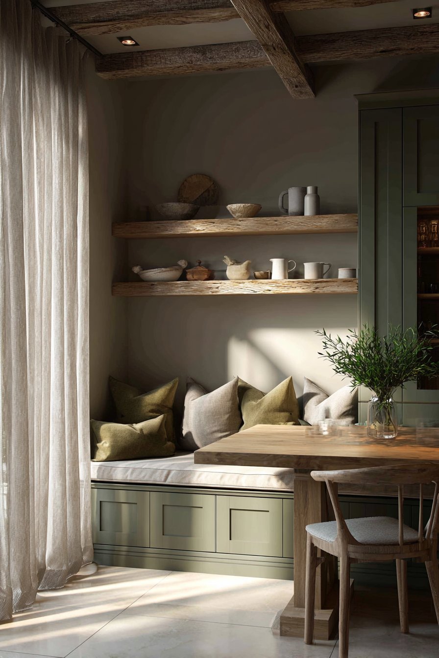 Olive Green Breakfast Nook with Oak Dining Integration