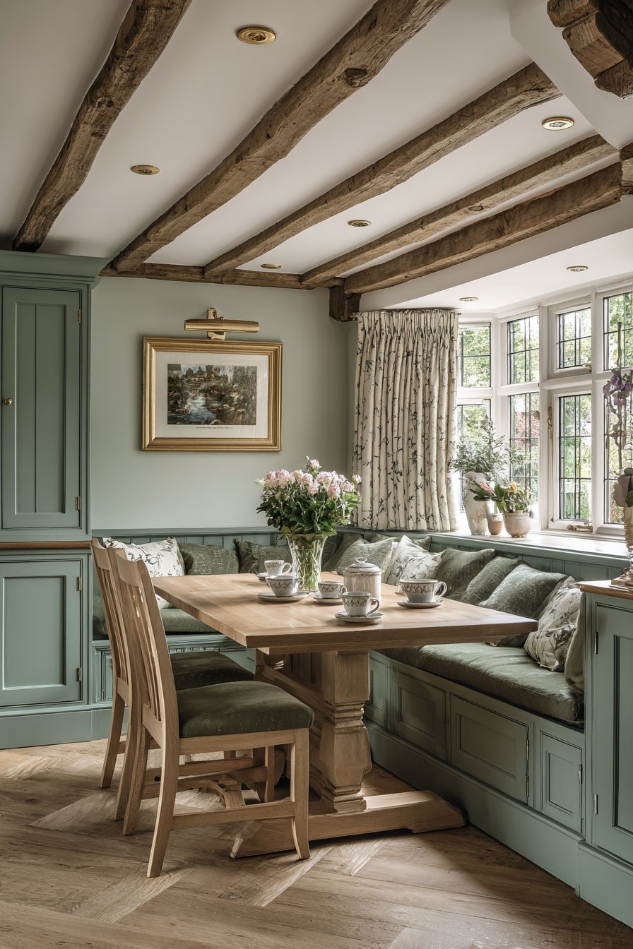 Olive Green Breakfast Nook with Oak Dining Integration