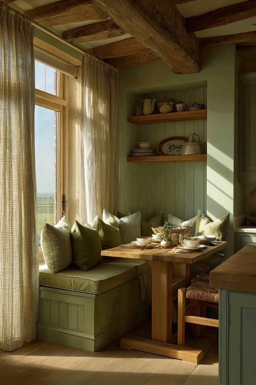 Olive Green Breakfast Nook with Oak Dining Integration