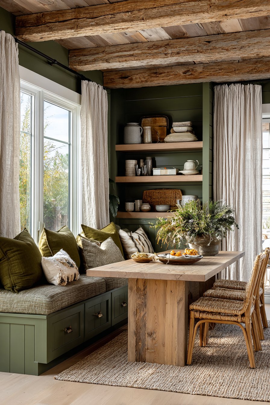 Olive Green Breakfast Nook with Oak Dining Integration