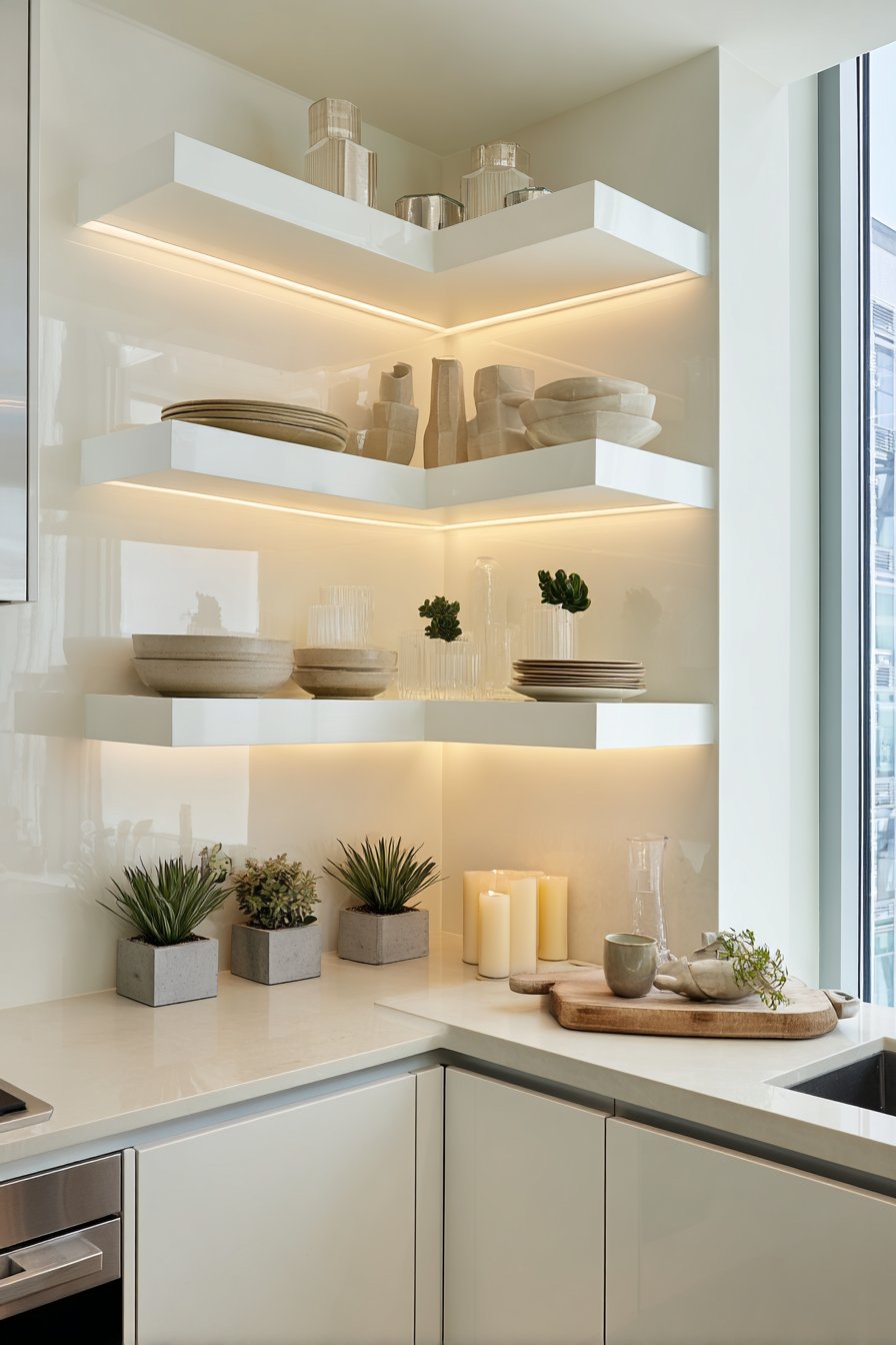 Compact Urban Design with Sleek White Minimalist Shelves