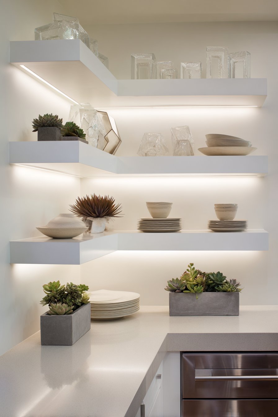 Compact Urban Design with Sleek White Minimalist Shelves