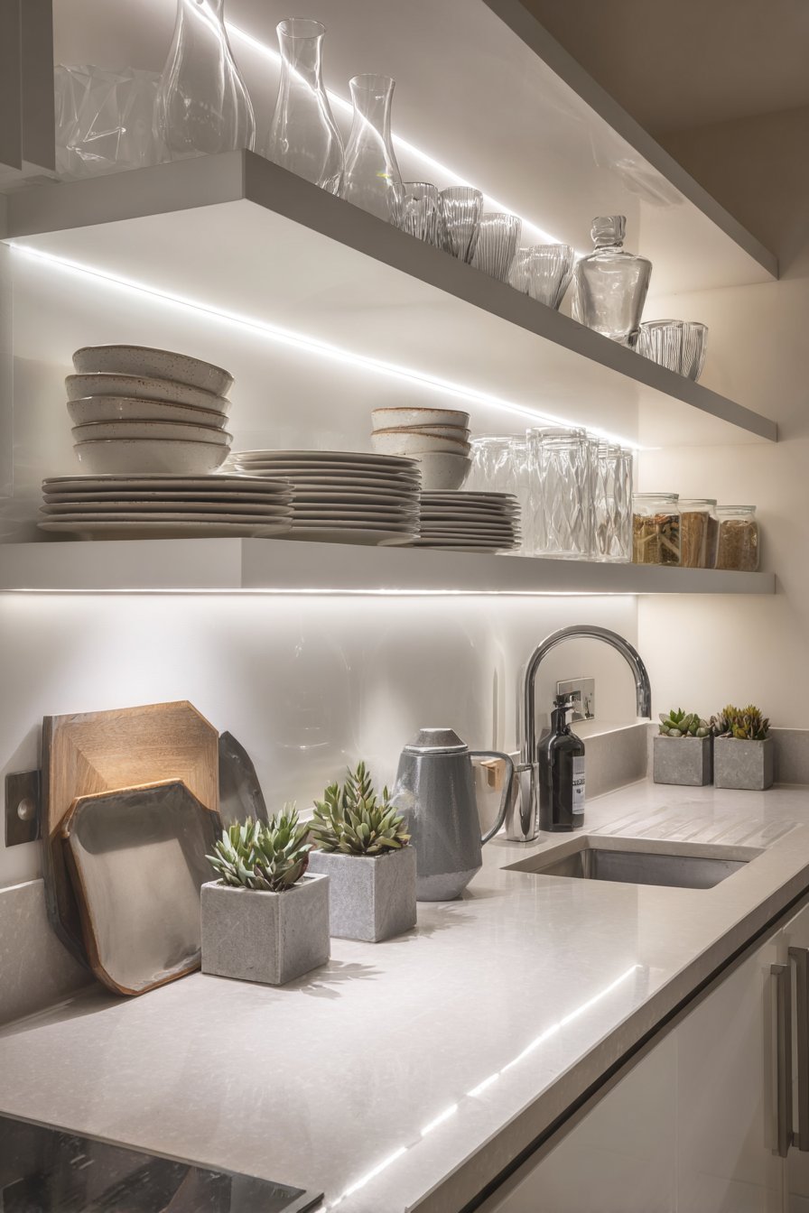 Compact Urban Design with Sleek White Minimalist Shelves