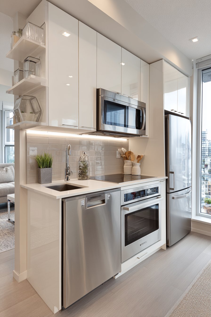 Compact Urban Design with Sleek White Minimalist Shelves