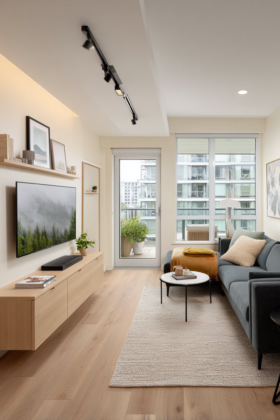 Compact Urban Apartment with Multi-Zone Track Lighting