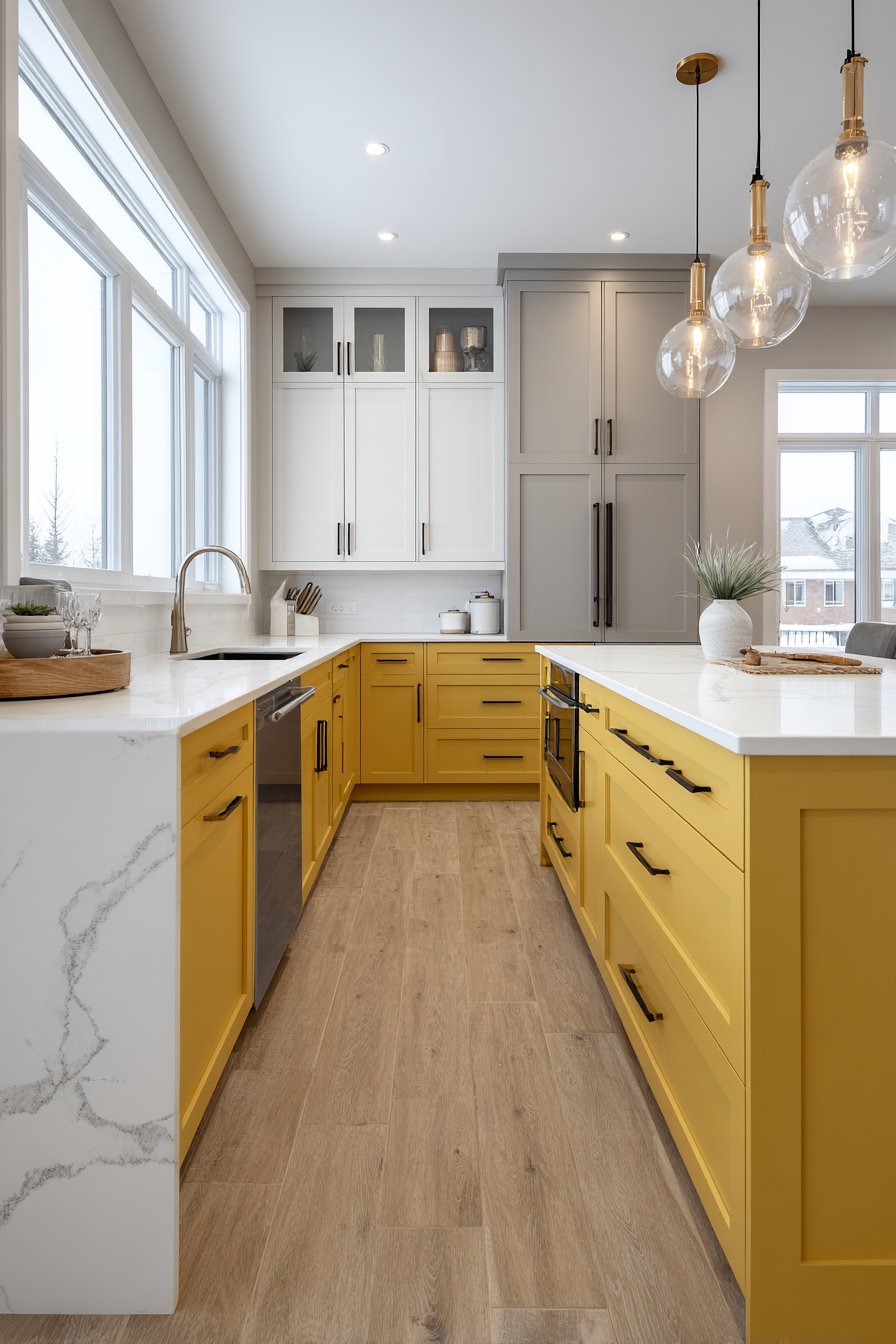 Transitional Kitchen with Two-Toned Yellow and White Cabinets
