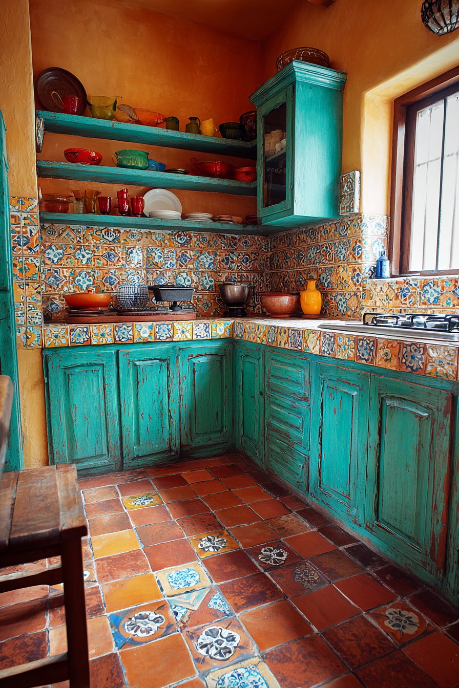 Compact Turquoise Kitchen with Mosaic Tile Countertops