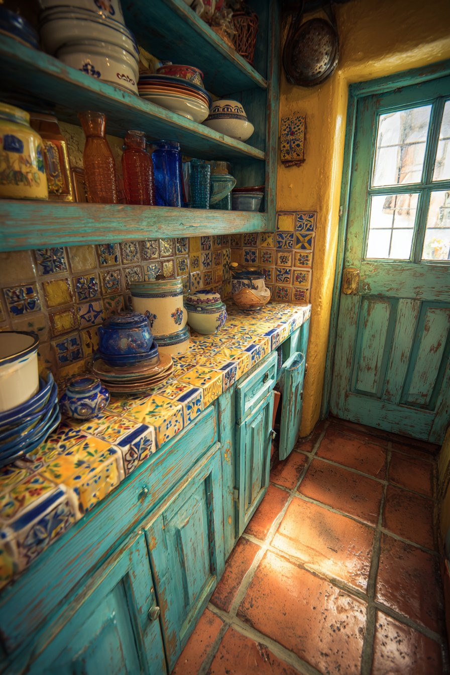 Compact Turquoise Kitchen with Mosaic Tile Countertops