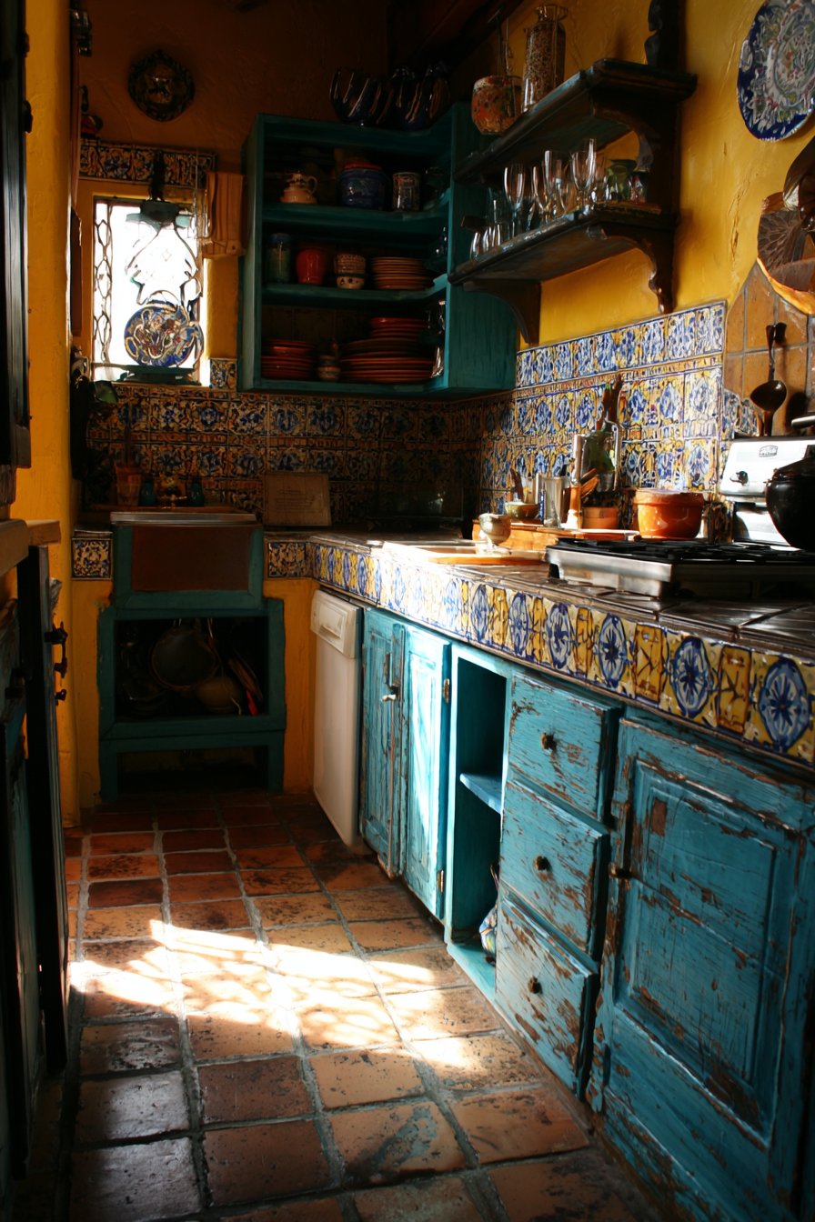 Compact Turquoise Kitchen with Mosaic Tile Countertops