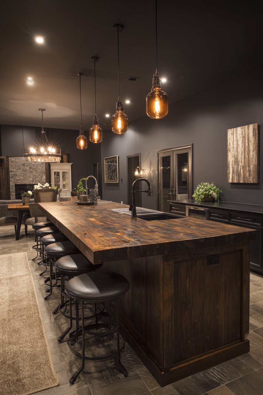 Dark Walnut Island with Industrial Lighting