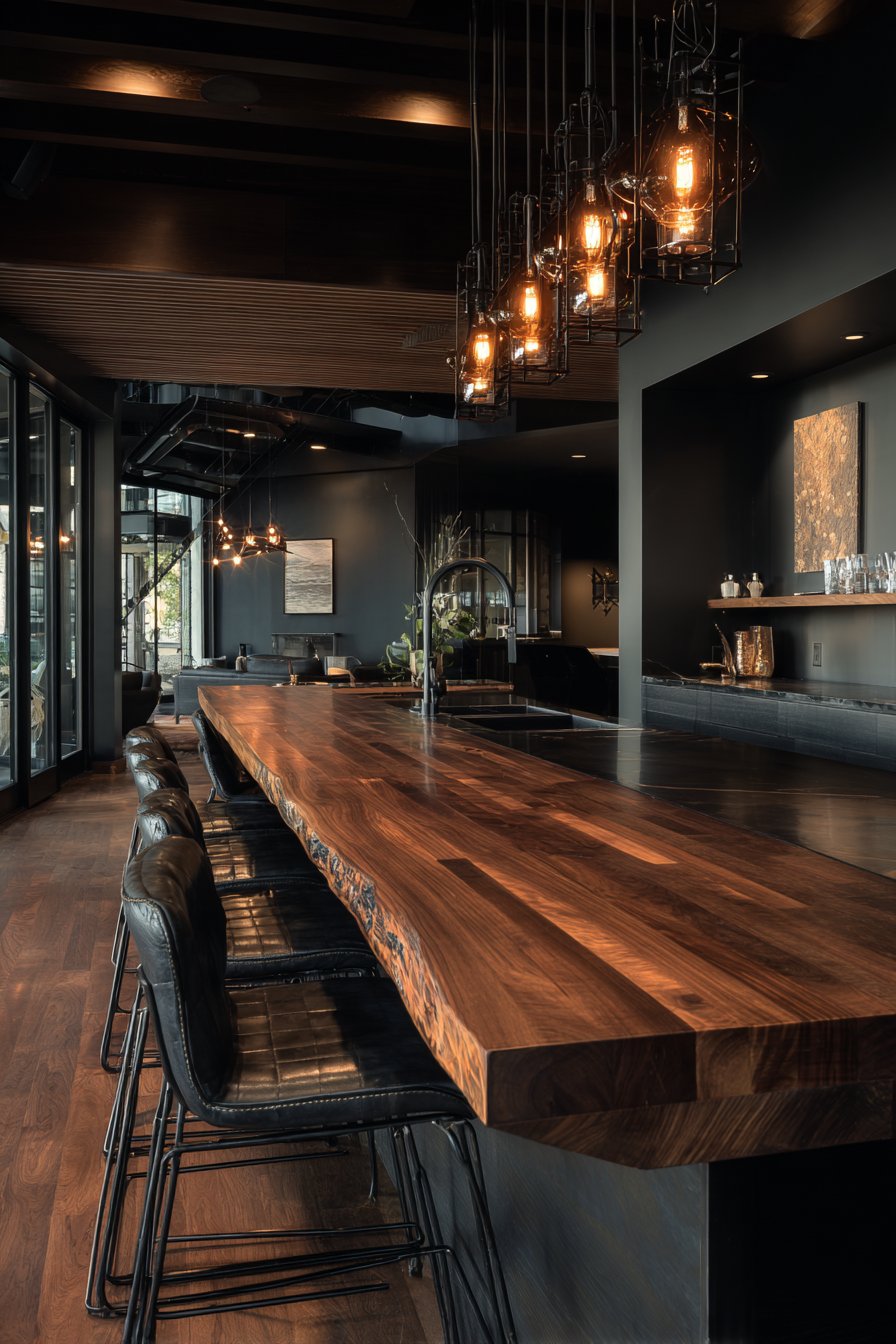 Dark Walnut Island with Industrial Lighting