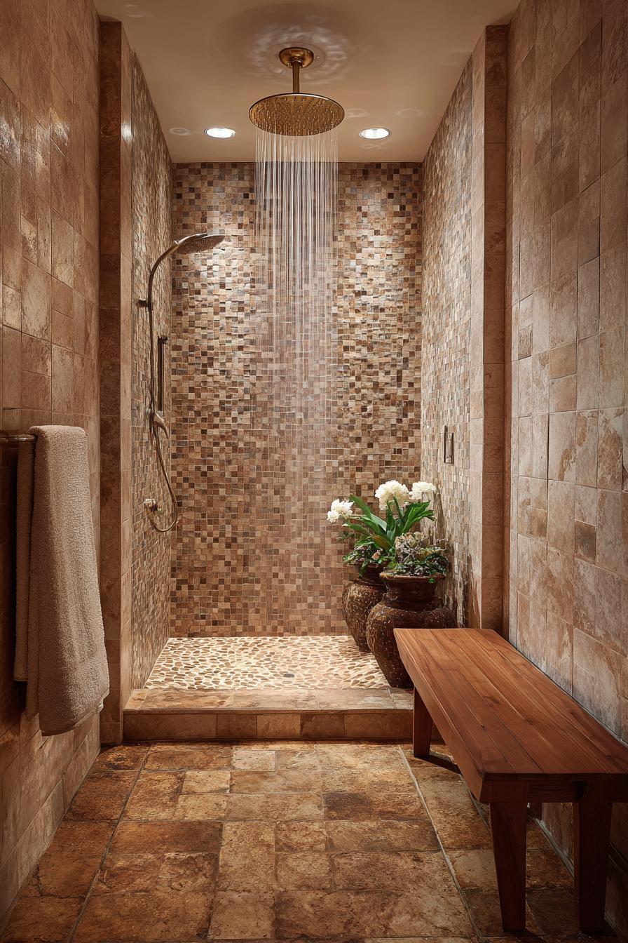 Natural Stone Shower Sanctuary with Teak Accents